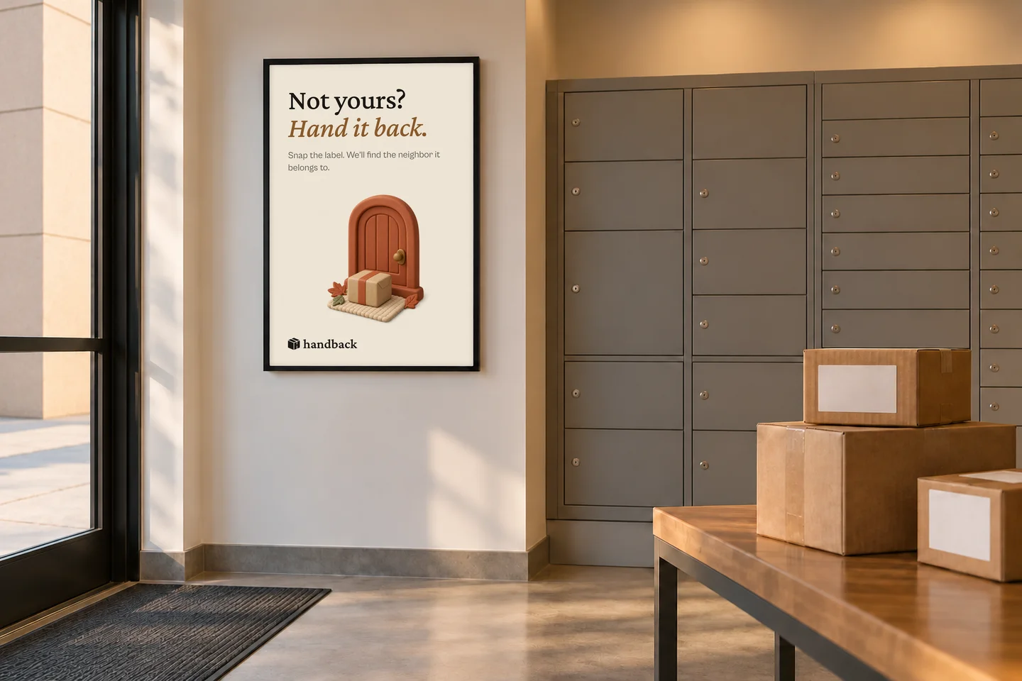 Handback poster concept in an apartment mailroom, reading Not yours? Hand it back.