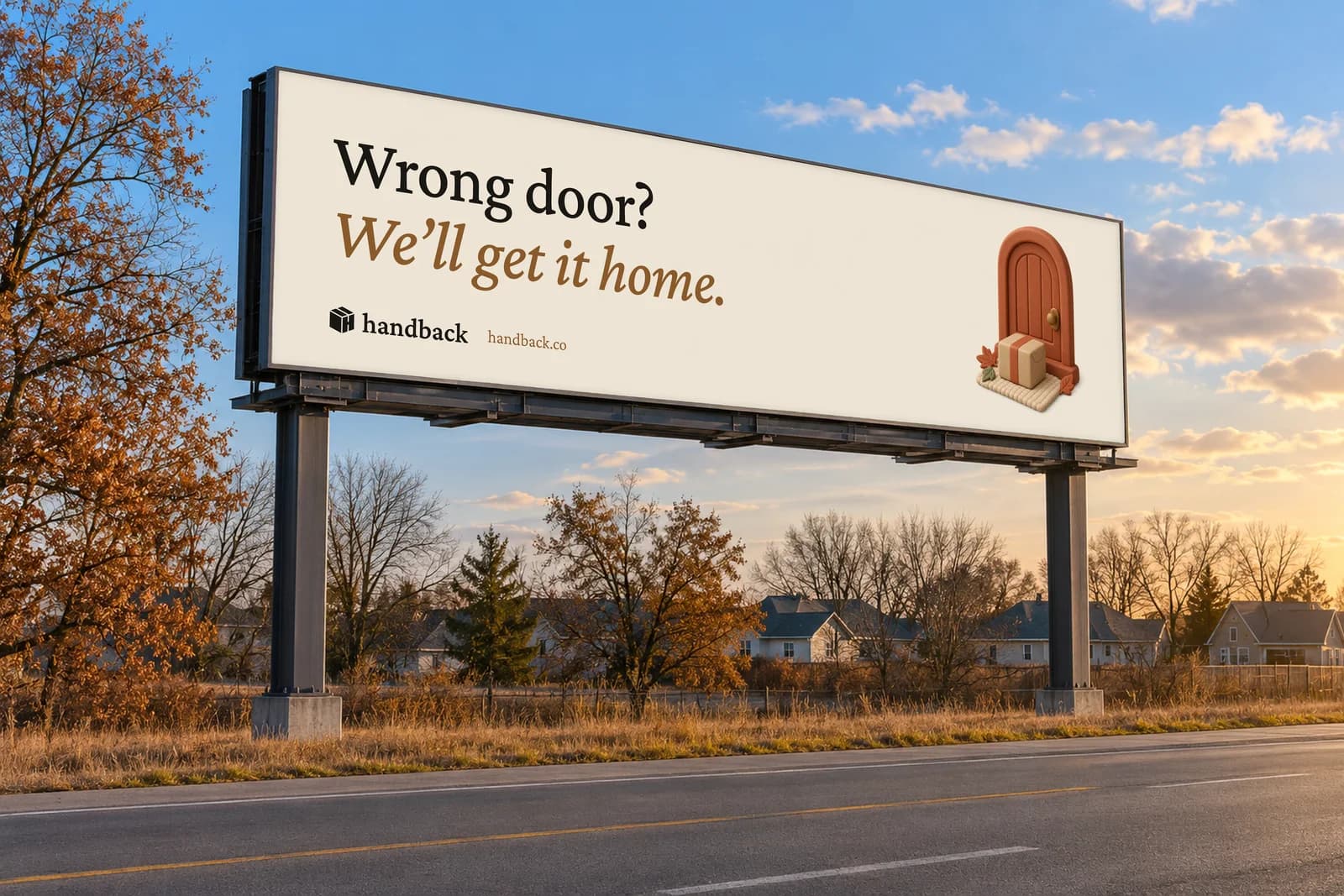 Handback billboard concept reading Wrong door? We’ll get it home.