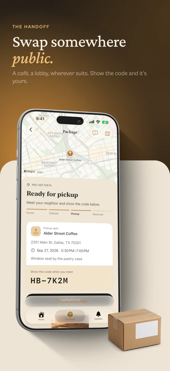 Handback App Store screenshot explaining the private pickup code.