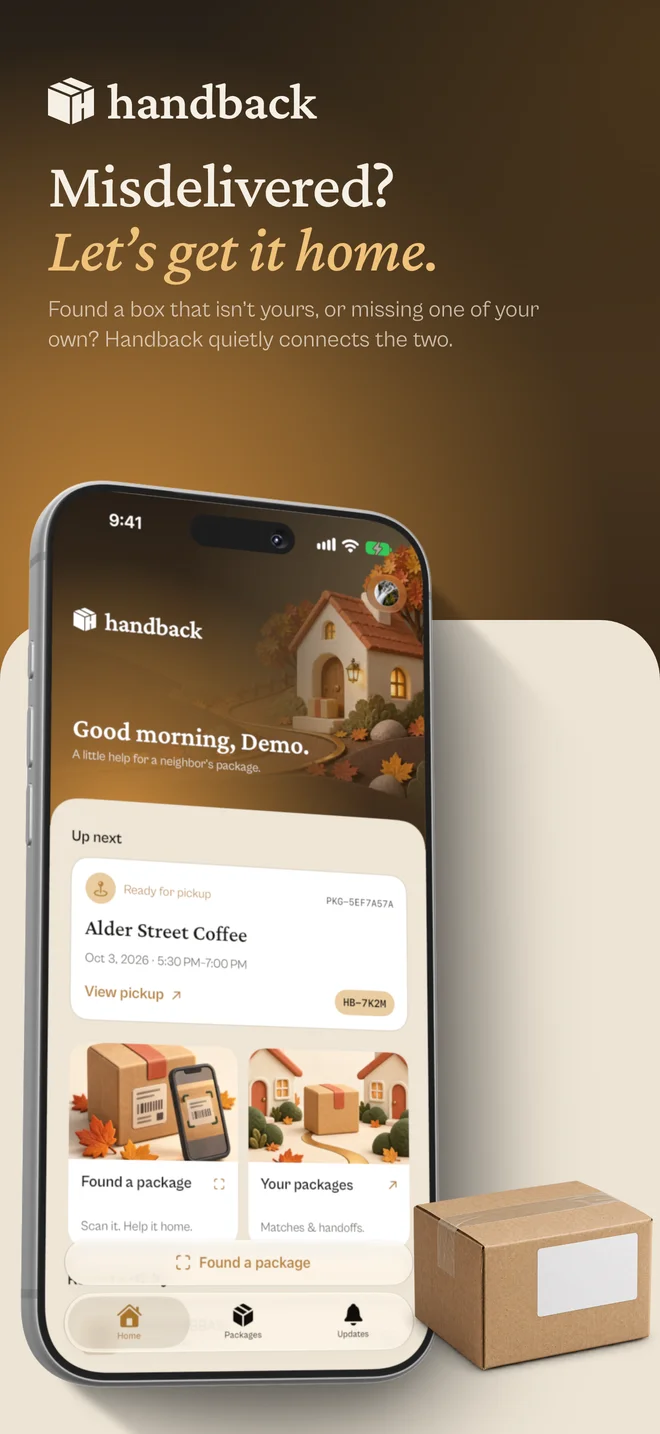 Handback App Store cover: Misdelivered? Let’s get it home.