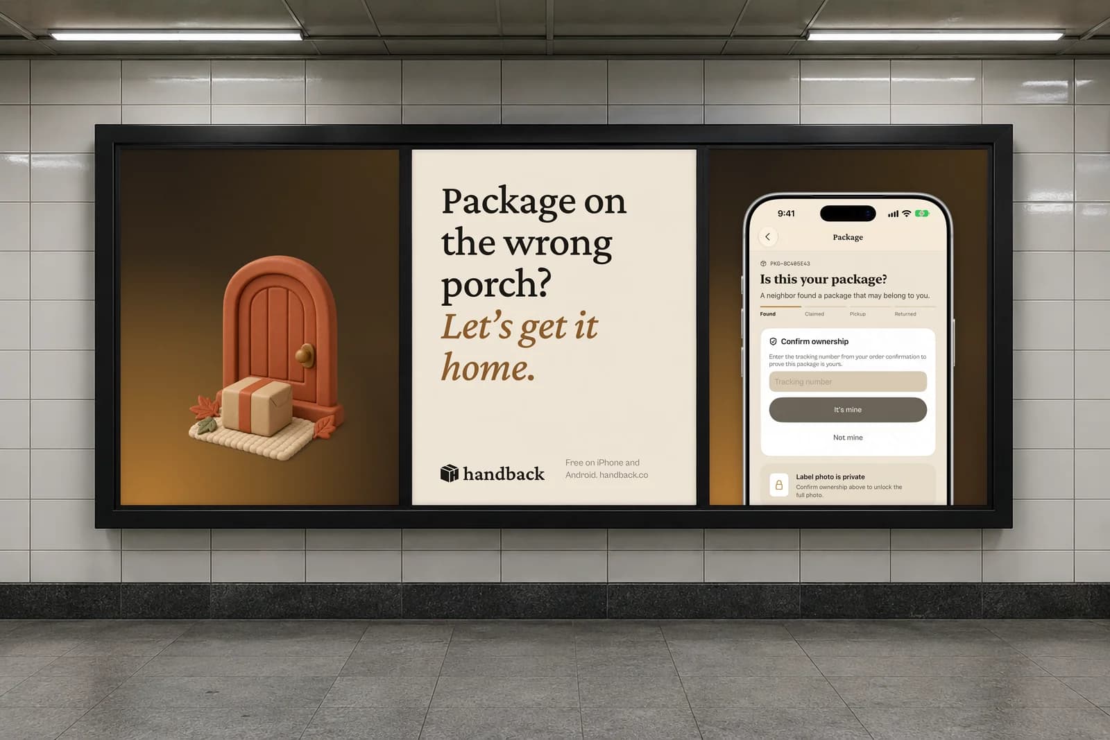 Three-panel Handback ad concept combining parcel artwork, typography, and an app screen.